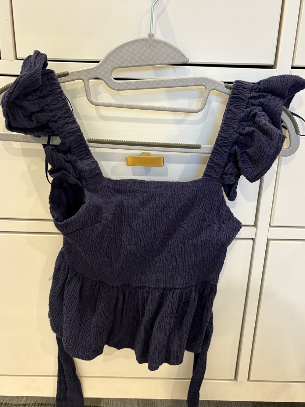 Navy Ruffle Strap Smocked Peplum Top